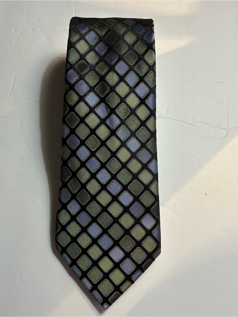 Joseph Abboud Black Silk Tie with Green and Blue Diamond Pattern